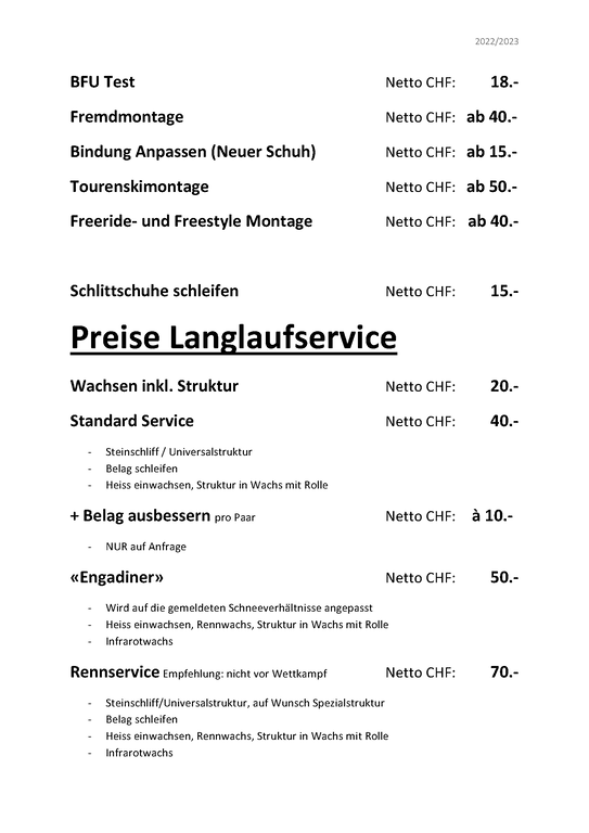 Preisliste Ski-Service Lenzburg Seite 2